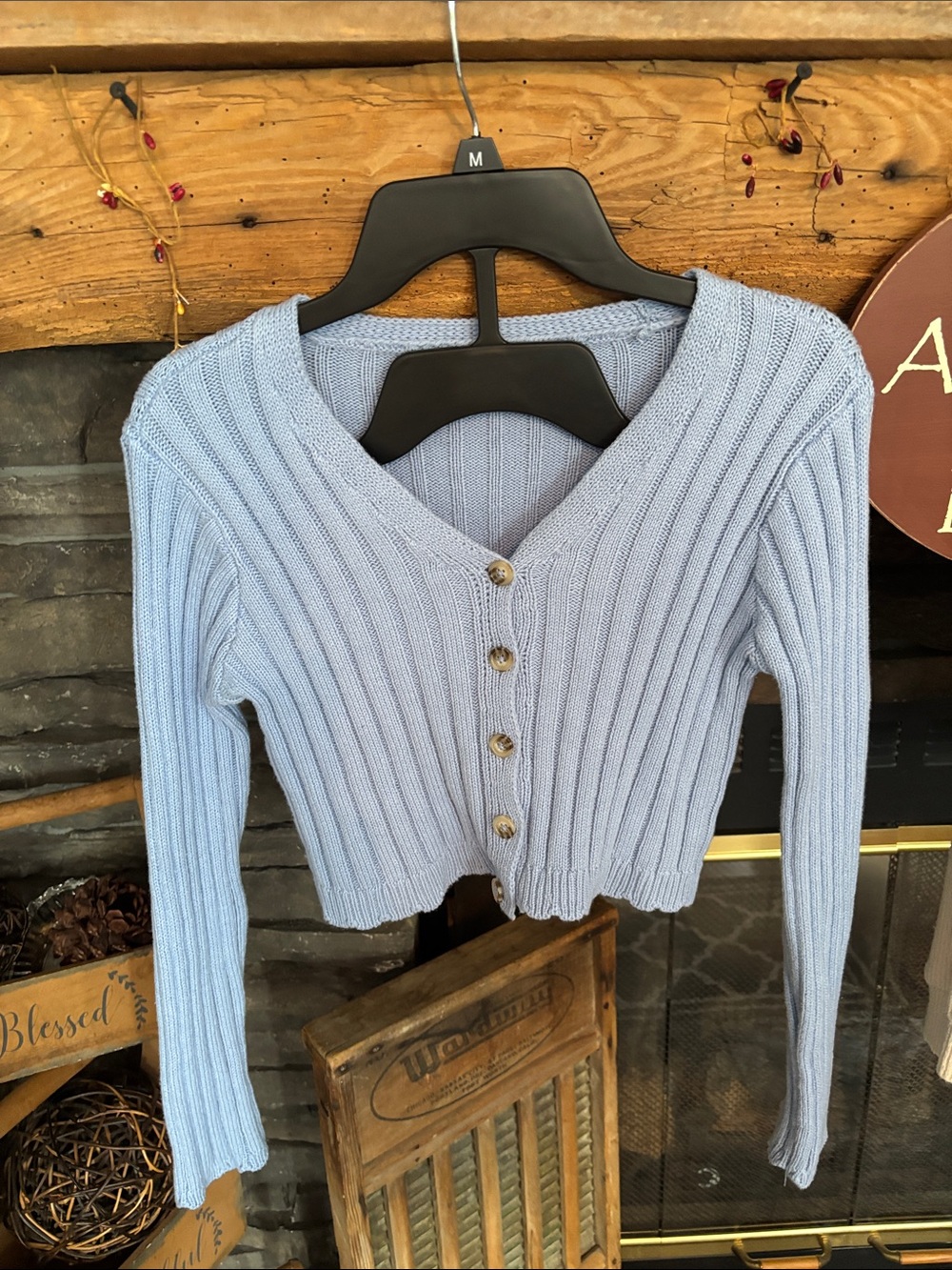 2 Ribbed V-Neck Button Cardigan - Light Blue & Beige - Picture 3 of 10
